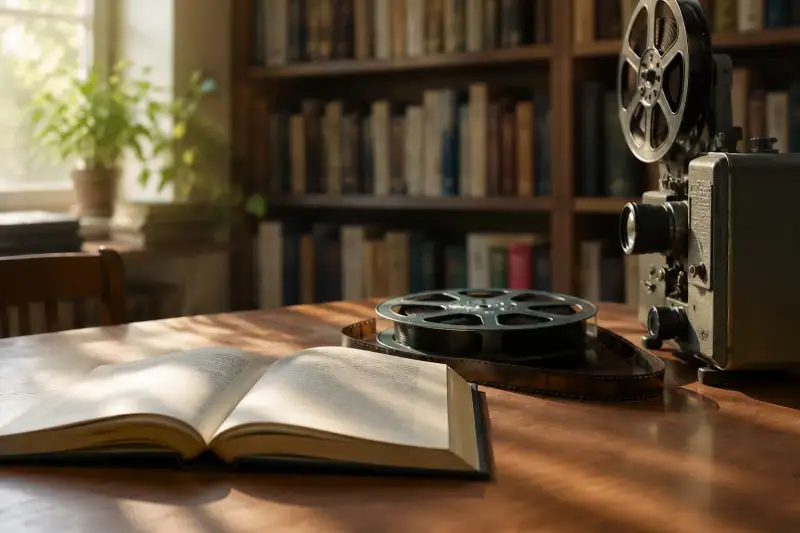Açık bir romanın yanında film makarası ve vintage bir projektör, kitaplardan sinemaya uyarlamaları simgeliyor.