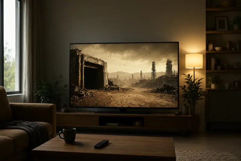 Loş bir oturma odasında, ekranda kıyamet sonrası bilim kurgu manzarası gösteren televizyon ve sehpadaki kumanda